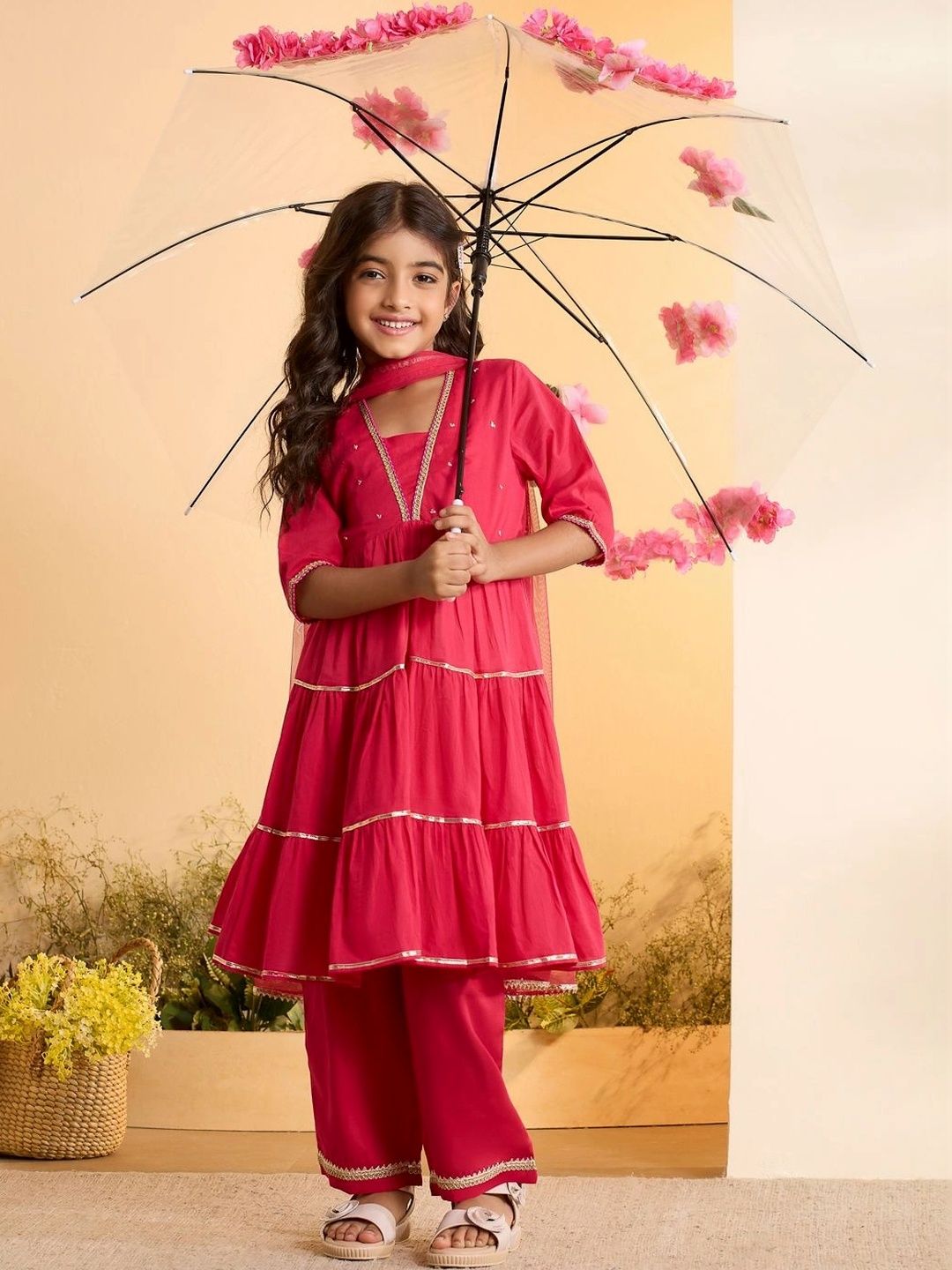 Biba Girls Tiered Gotta Patti Pure Cotton Kurta with Trousers & With Dupatta-picture-20