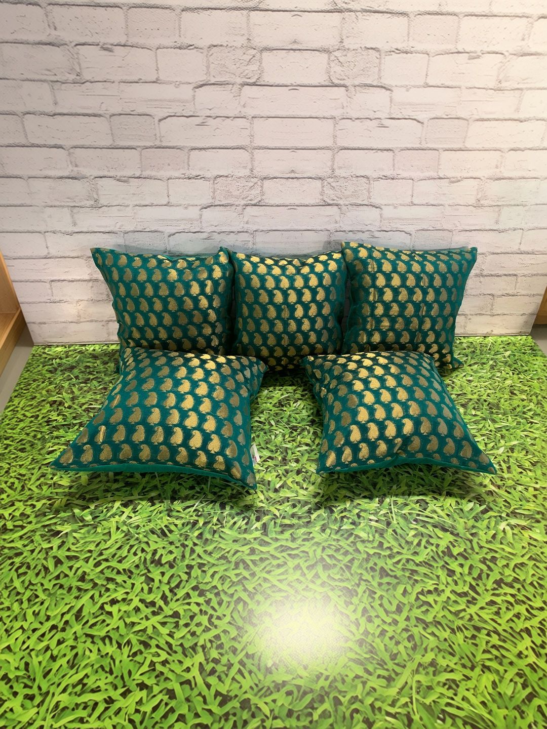 Pink Parrot Green & Gold Set of 5 Ethnic Motifs Square Cushion Covers-image-17