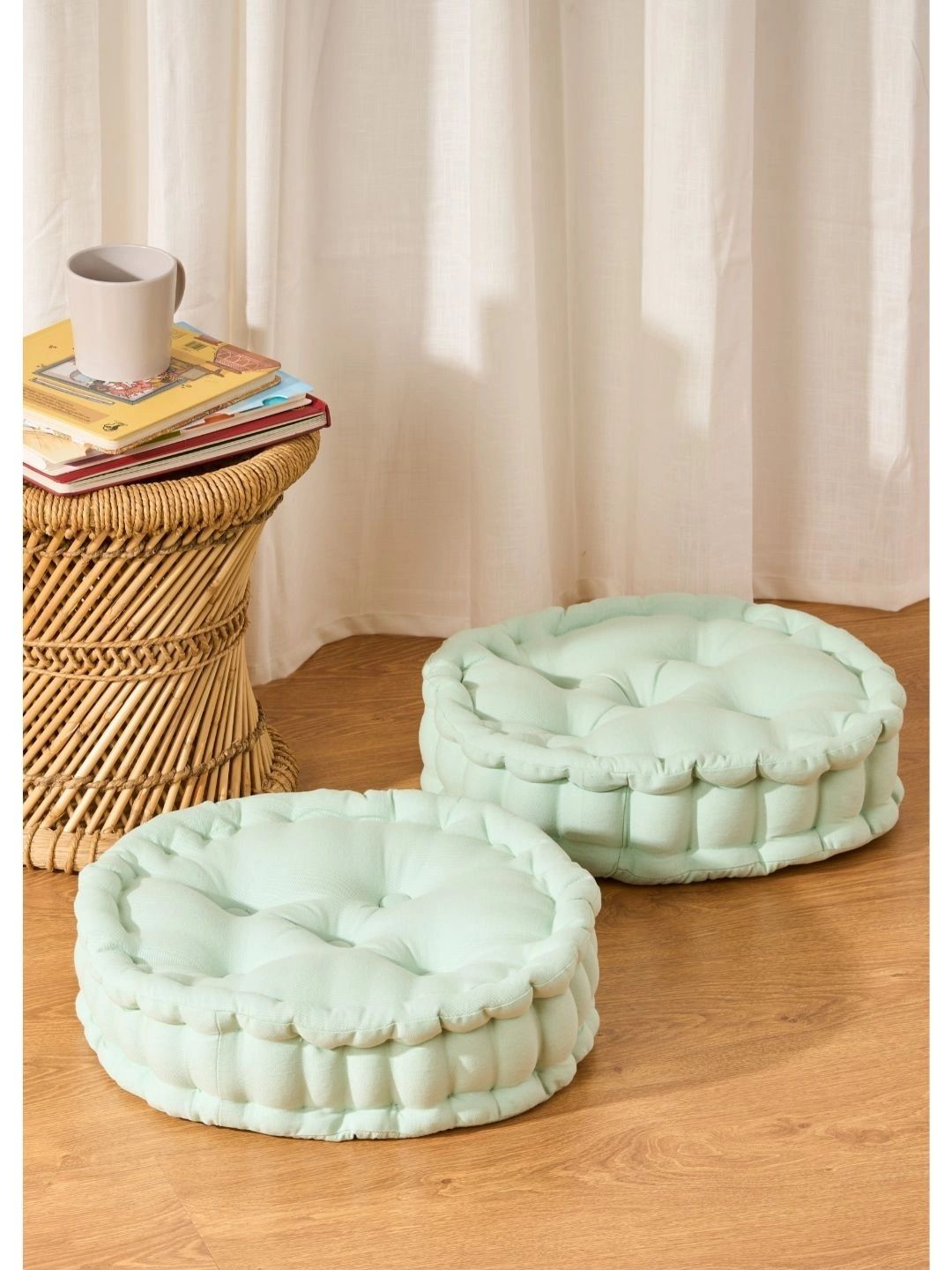 SKANDA FAB 2-Pcs Sea Green Pure Cotton Round Breathable Cushions-picture-35