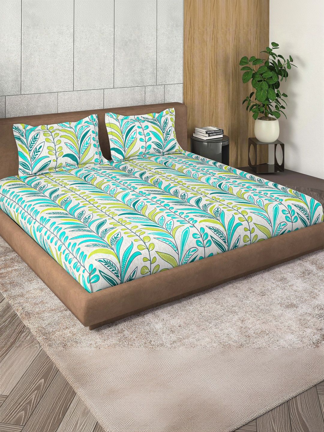 RICH KRAFT Blue & Green Floral 300 TC Queen Bedsheet with 2 Pillow Covers-image-42