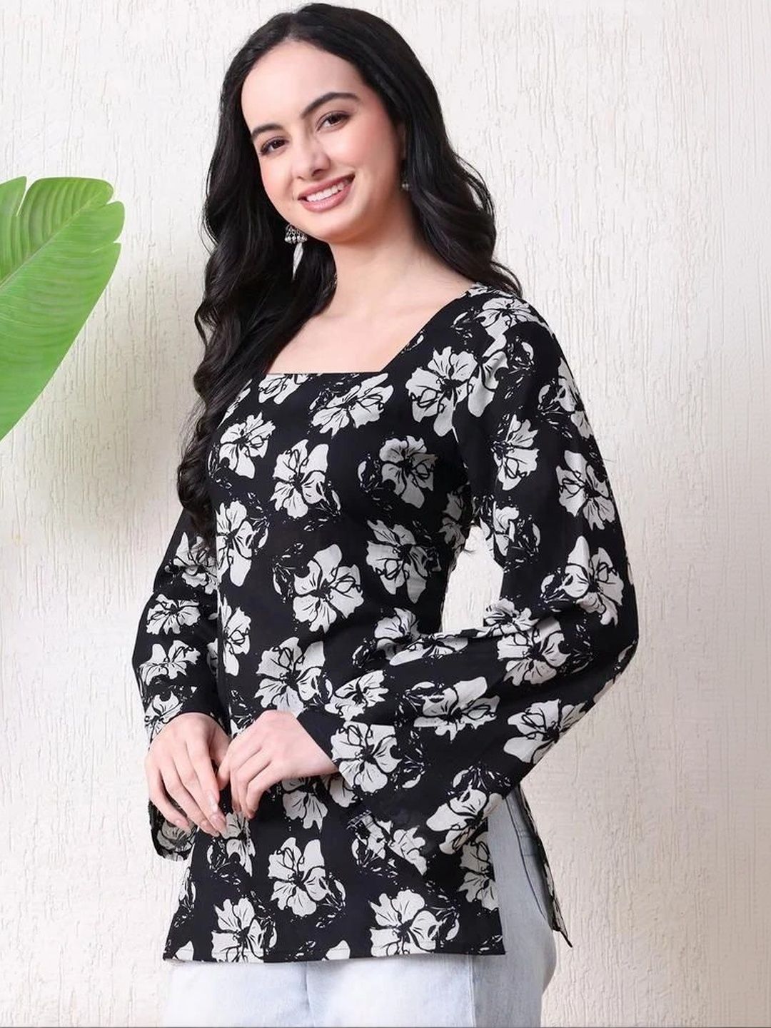 KALINI Floral Printed Square Neck Flared Sleeves Pure Cotton Kurti-picture-22