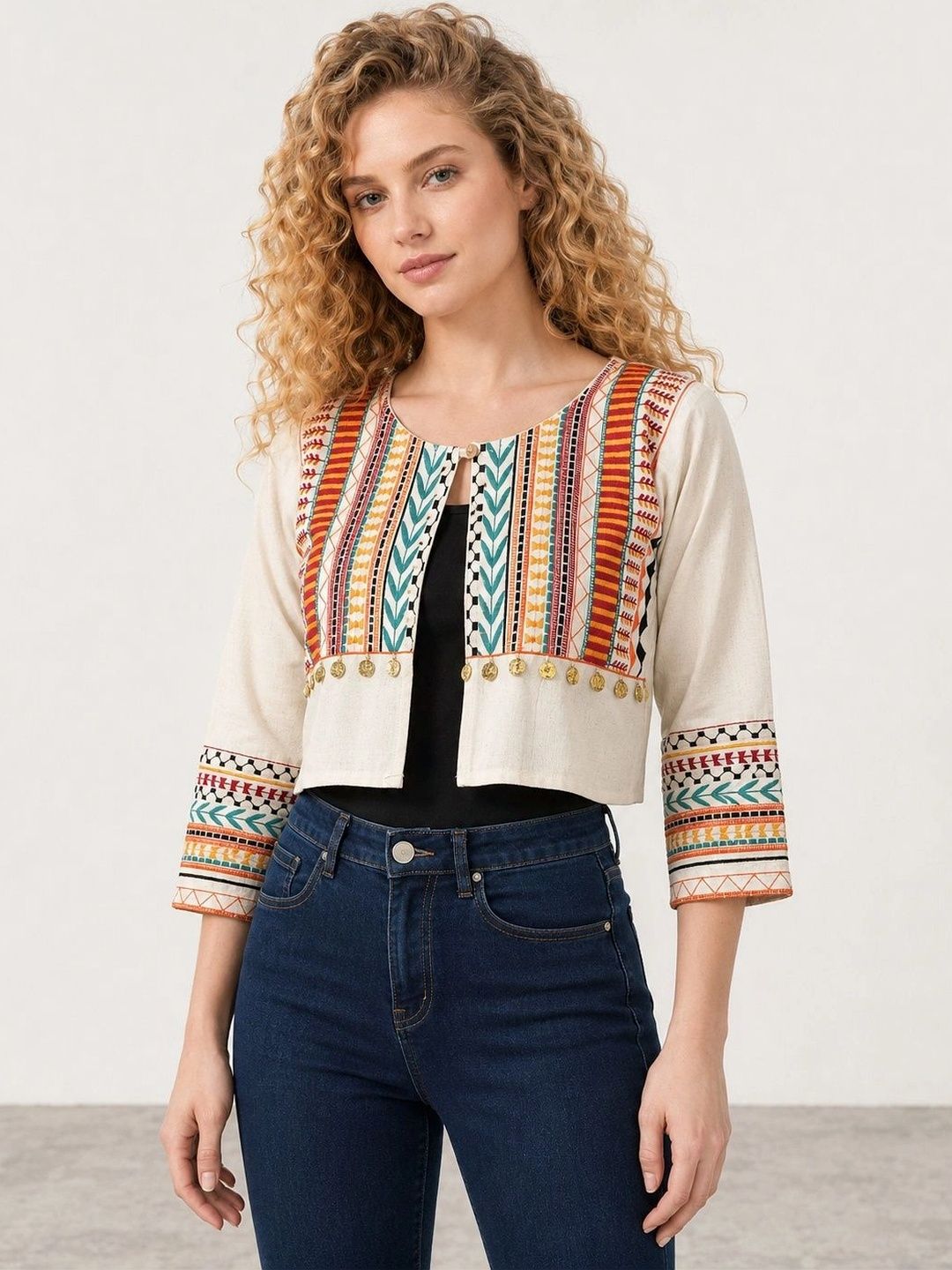 Muhuratam Women Crop Open Front Jacket with Embroidered-picture-34