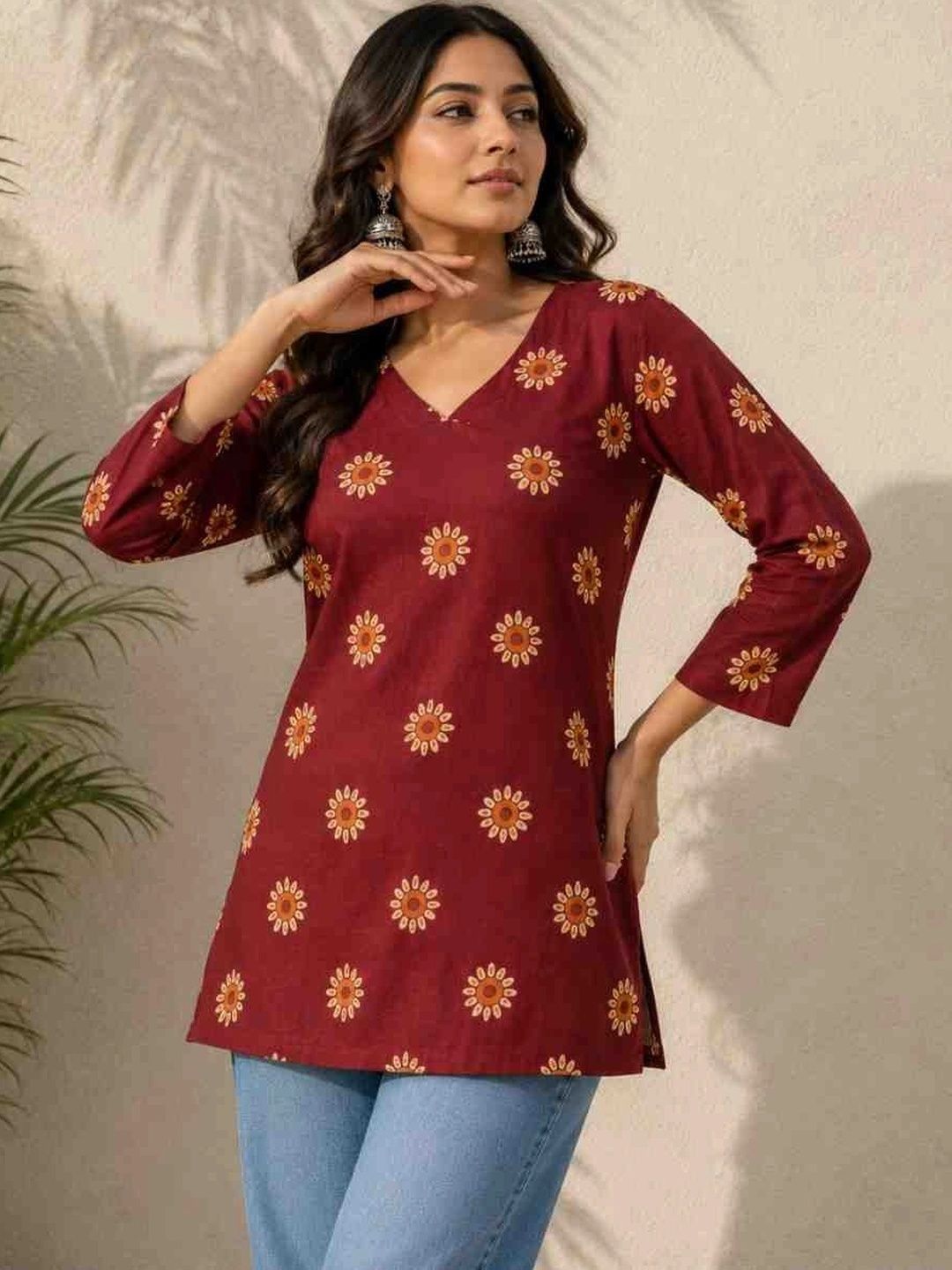 AQUILIQ Floral Printed V-Neck Pure Cotton Blend Handloom Kurti-picture-19