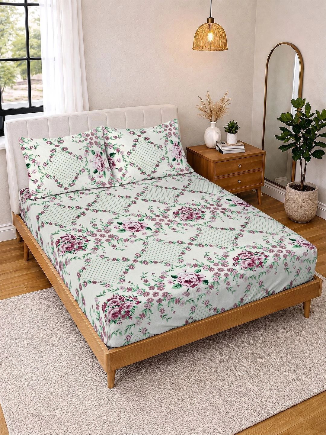 KLOTTHE Cream-Coloured & Pink Floral 300 TC King Bedsheet with 2 Pillow Covers-image-9