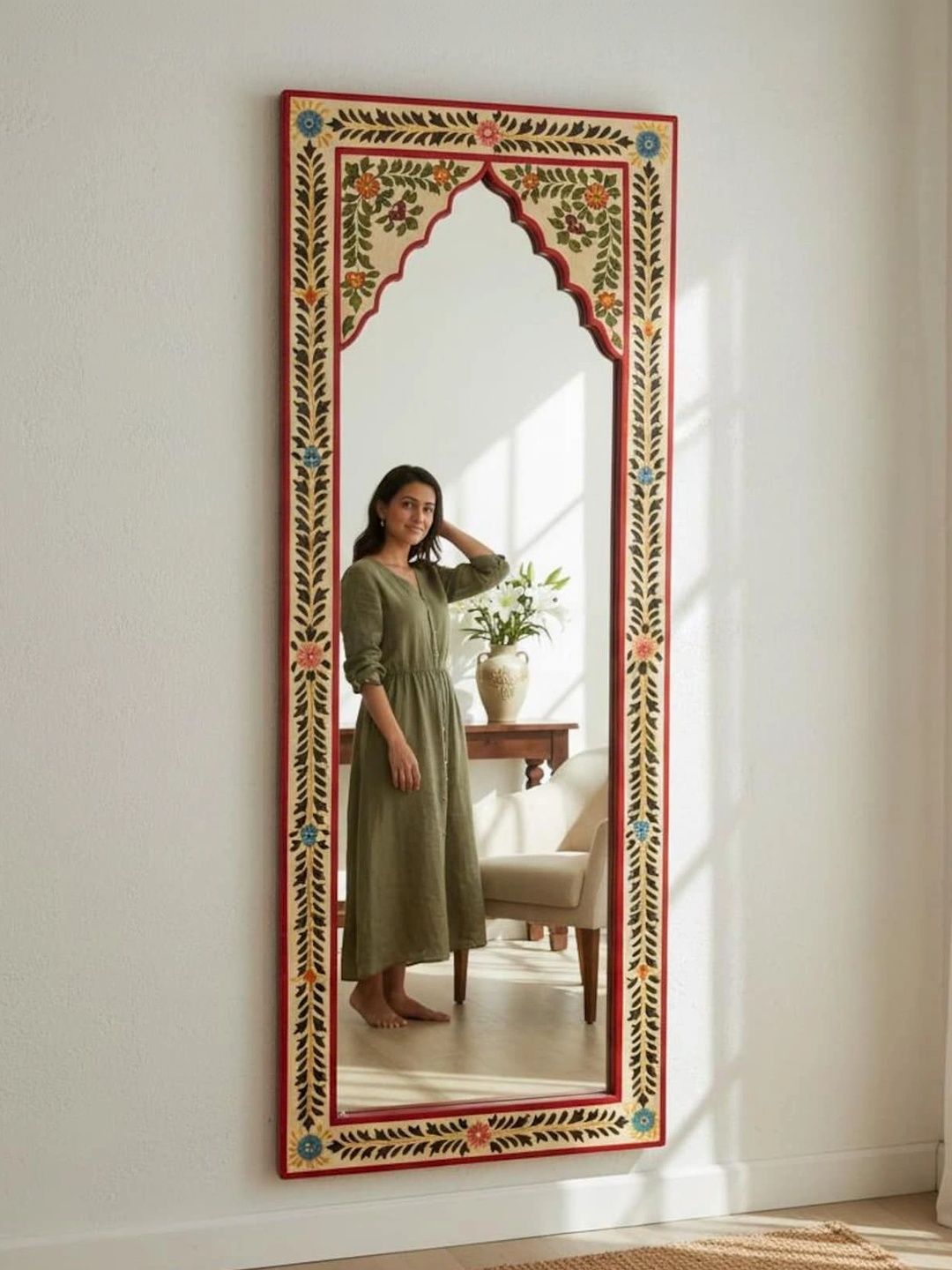 PREET GALLERY Brown & Red Wooden Dressing Room Makeup Wall Mirror-image-32