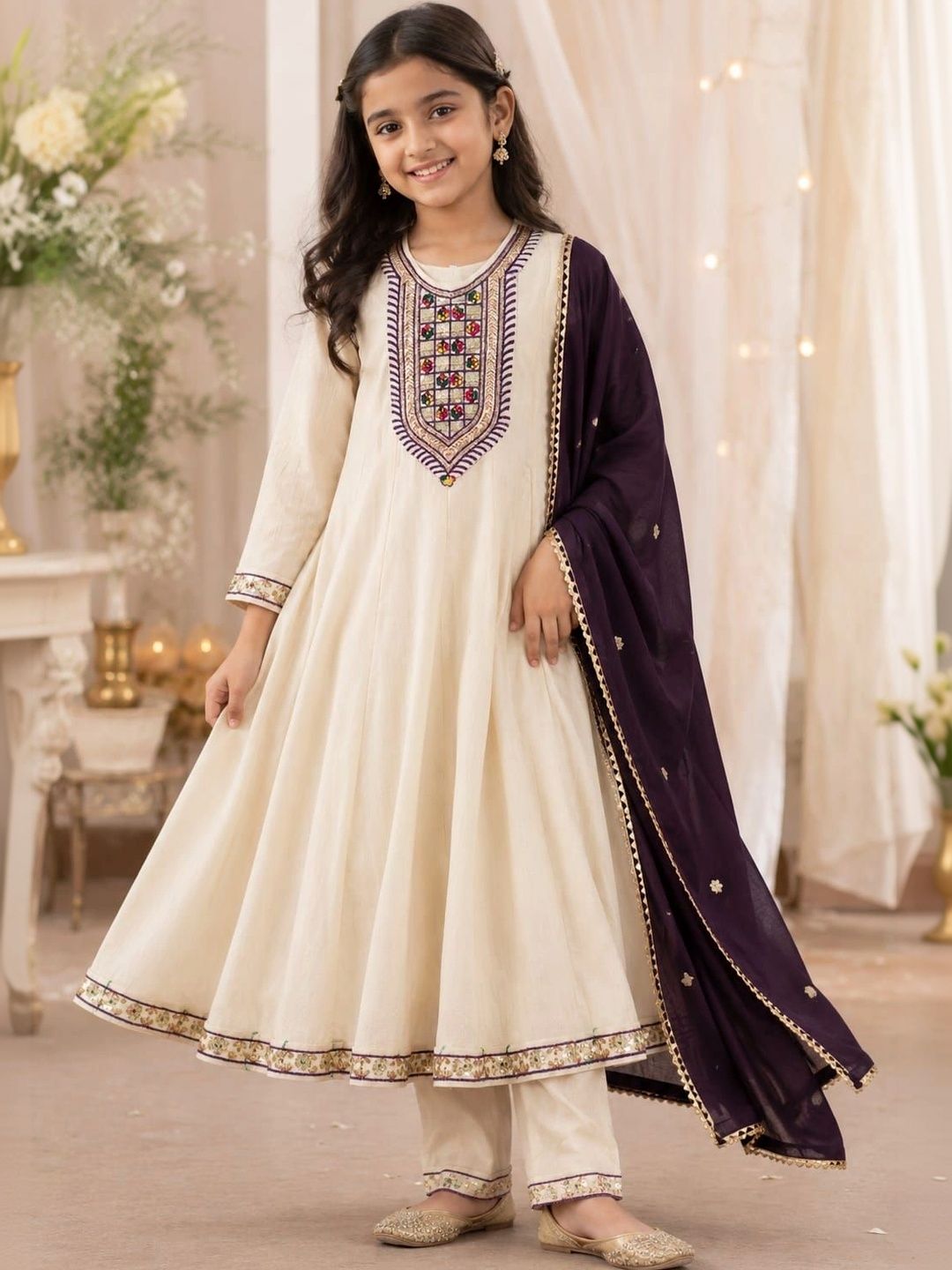 Sangria Girls Ethnic Motifs Embroidered Empire Thread Work Kurta with Trousers & With Dupatta-picture-38