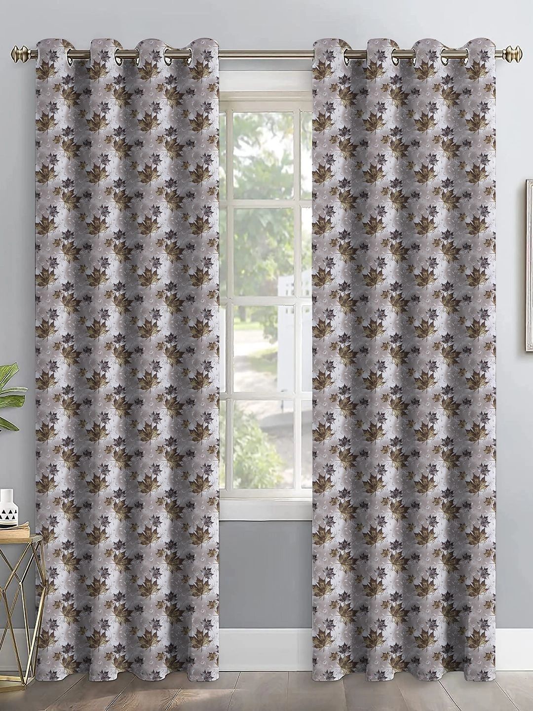 Aura Coffee Brown Set of 2 Floral Room Darkening Long Door Curtain-image-21