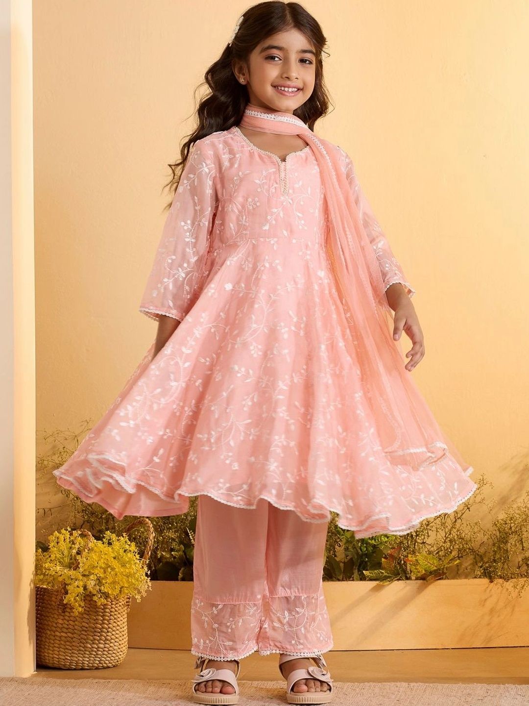 Biba Girls Floral Embroidered Regular Thread Work Kurta with Palazzos & With Dupatta-picture-21