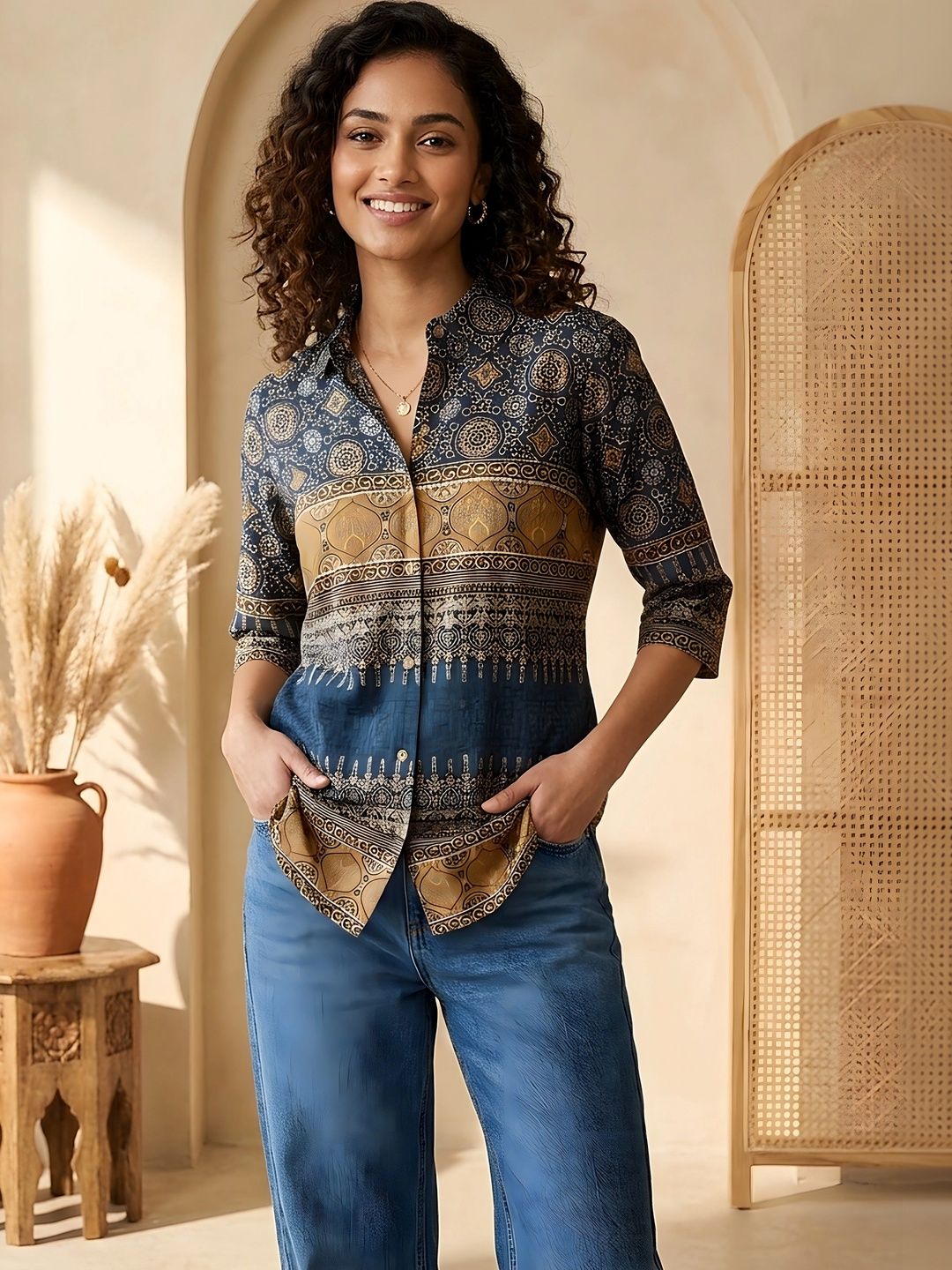 Banwaree Print Ethnic Crepe Shirt Style Top-picture-27