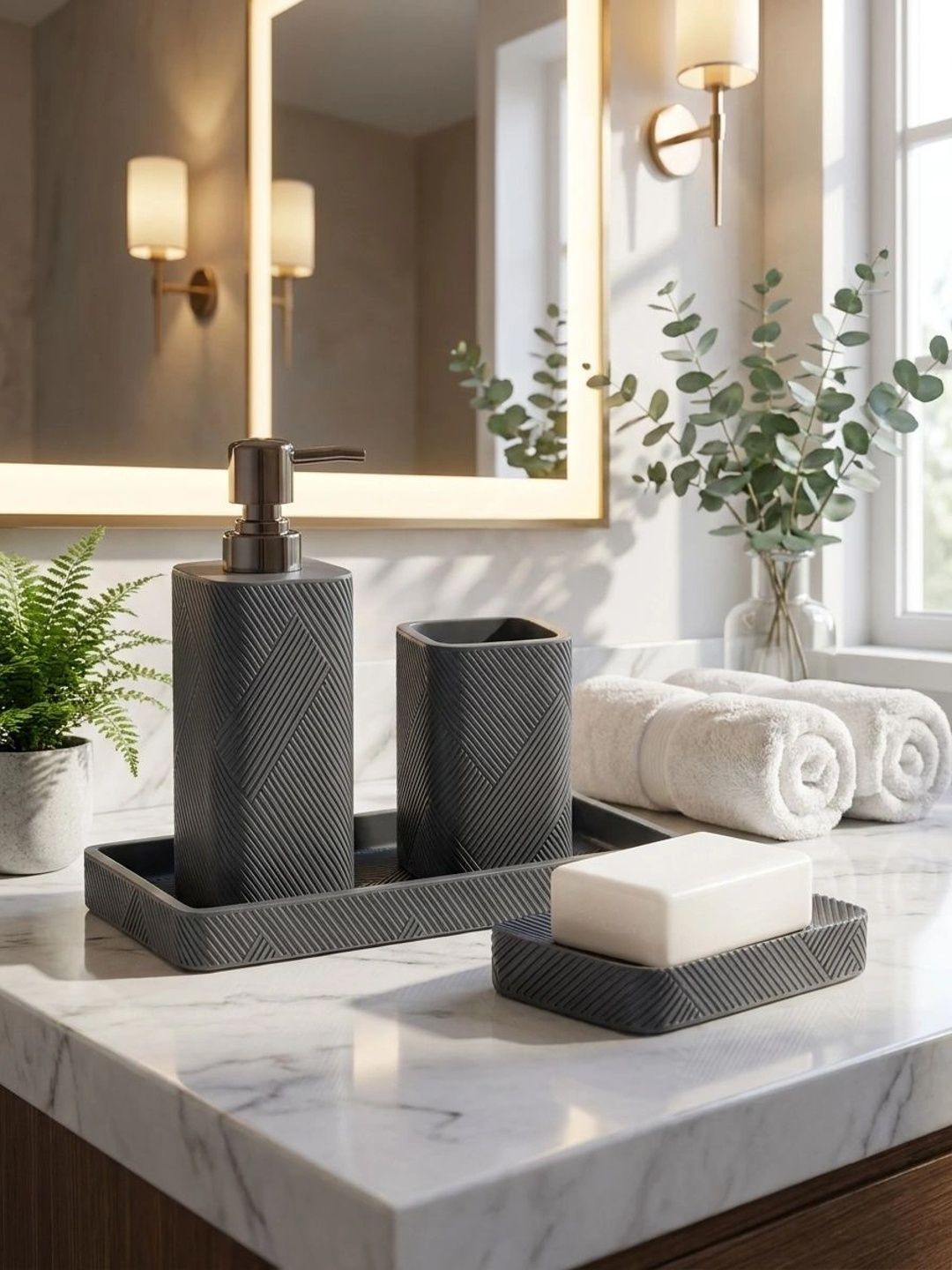 Pano Charcoal 4 piece Geometric Polyresin Bath Accessories Set-picture-40