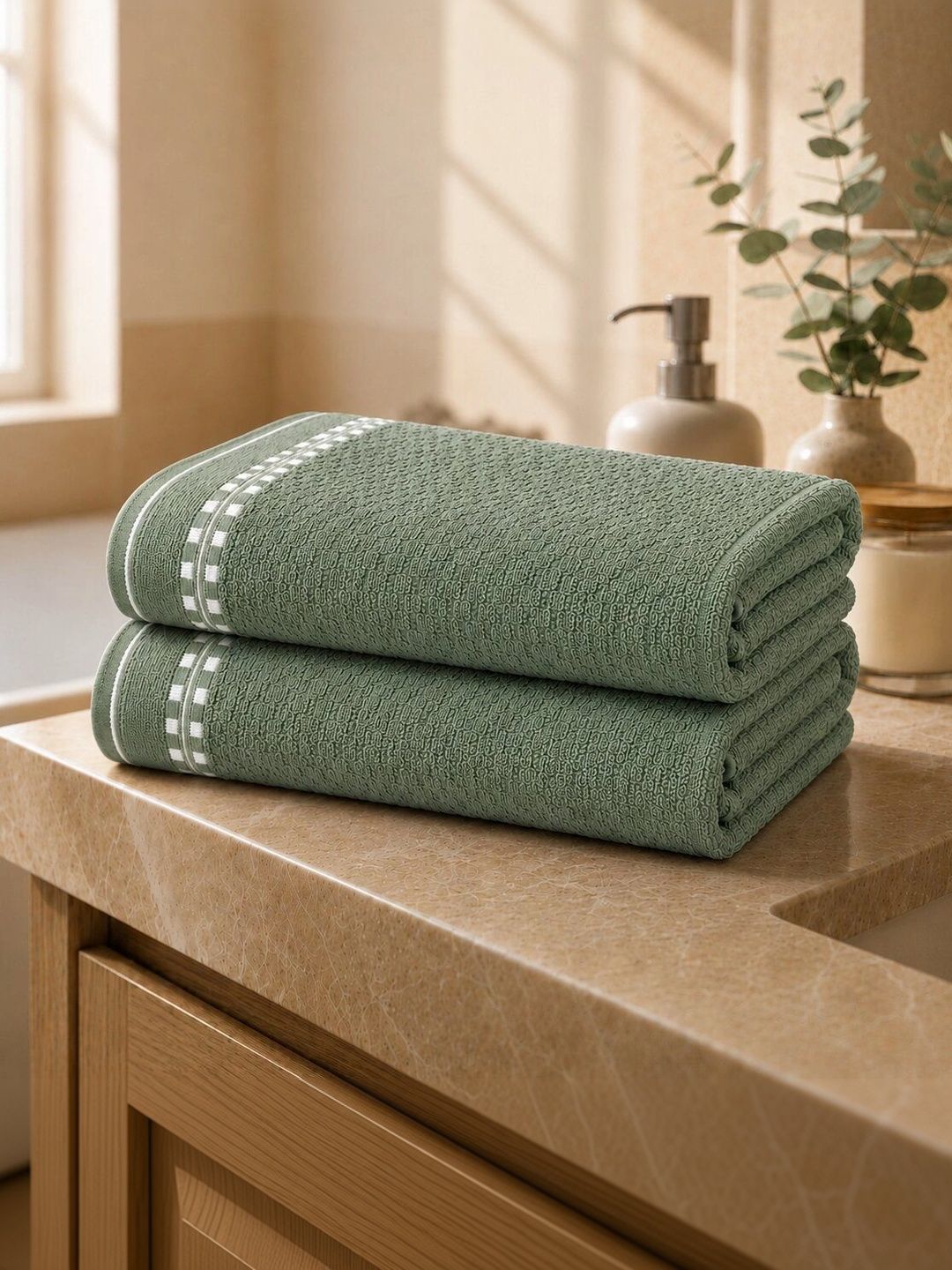 DEMARK 2-Pcs Green Cotton Hand Towels-image-43