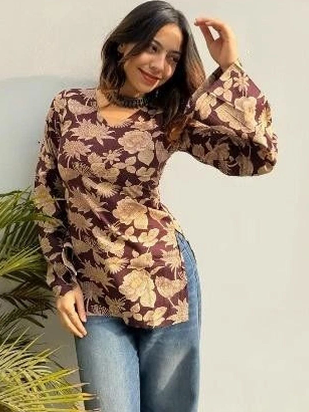 KALINI Floral Printed V-Neck Flared Sleeves Pure Cotton Kurti-picture-52