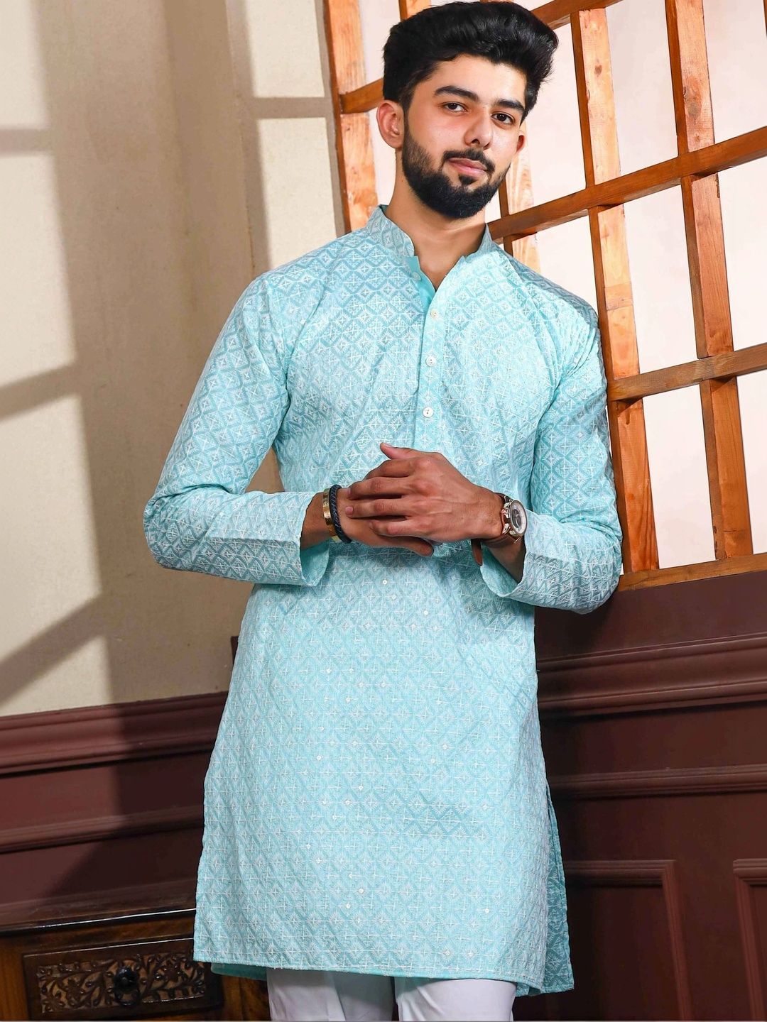 Moda Rapido Men Geometric Embroidered Handloom Kurta-picture-32