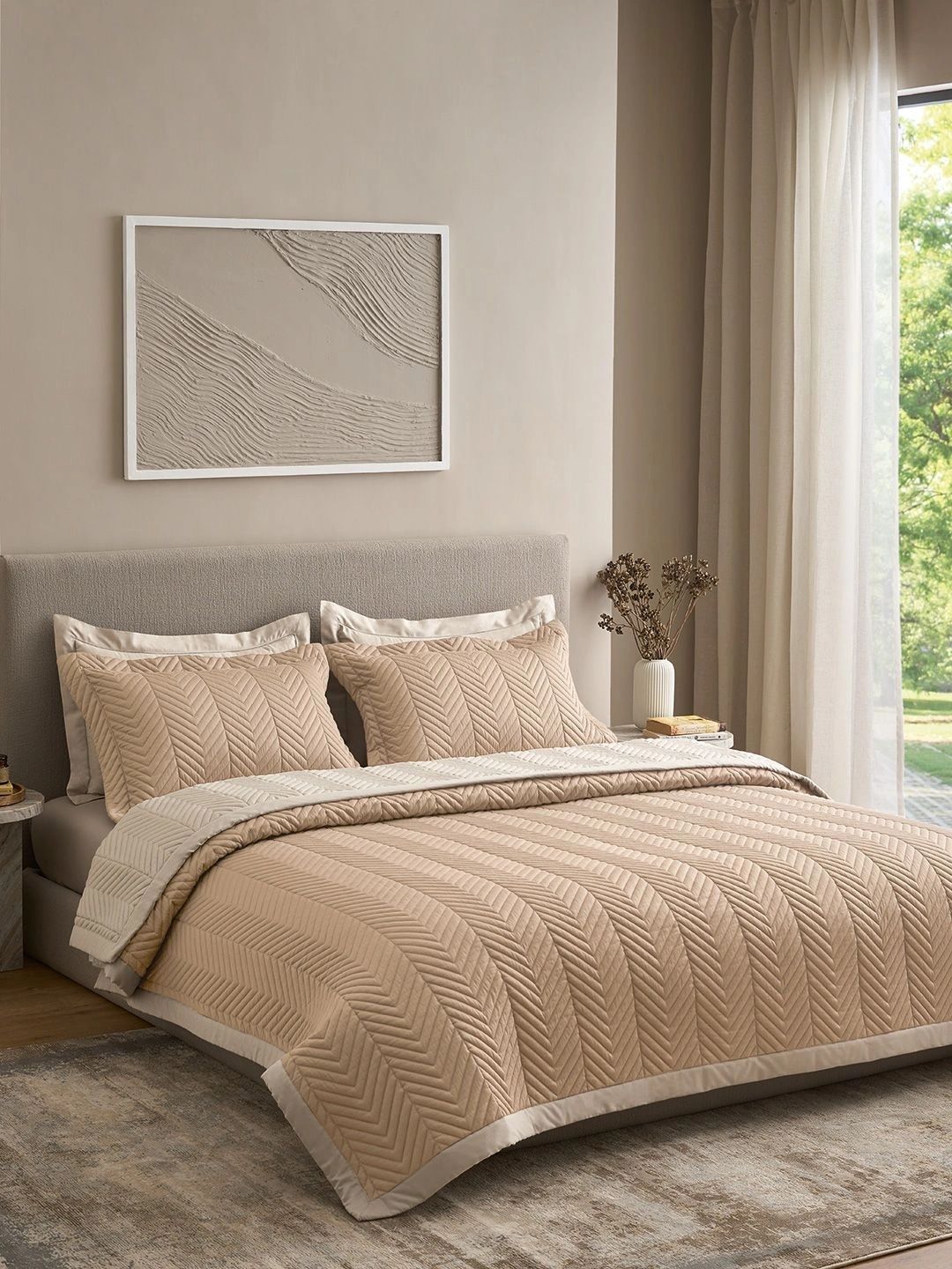 SANSAAR A DDECOR BRAND LIVE CONSCIOUSLY Beige & Cream-Coloured Geometric Cotton 3 Piece Double Extra Large Bedding Set-picture-38