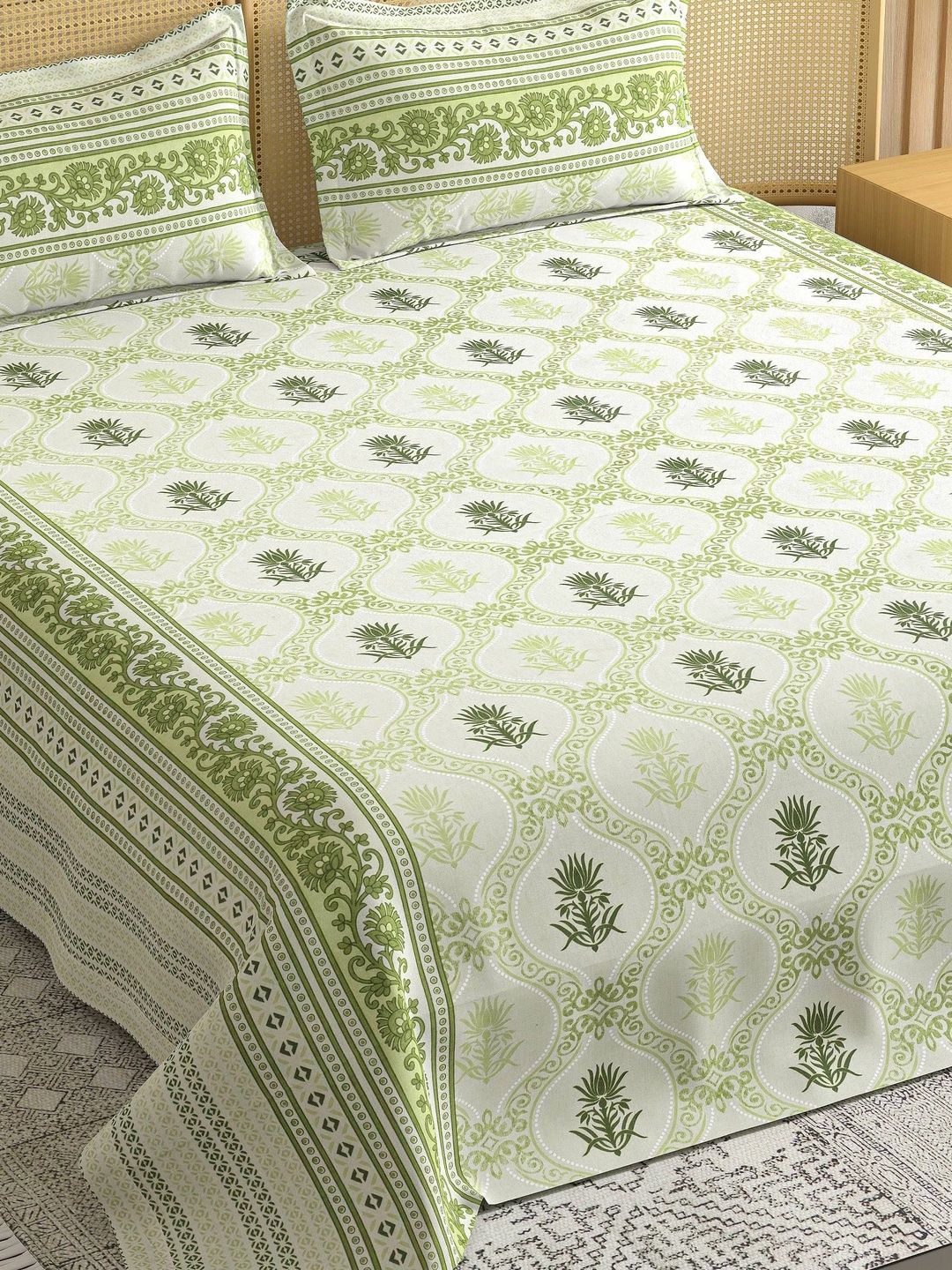 RICH KRAFT Green & White Floral 300 TC Queen Bedsheet with 2 Pillow Covers-image-1