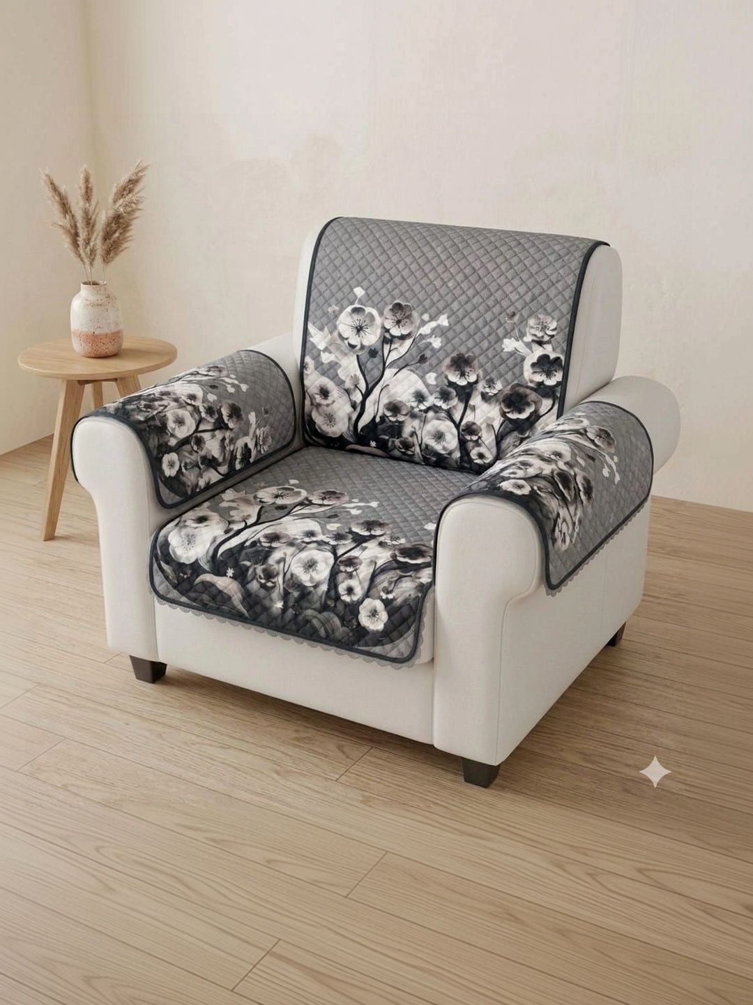 KANUM Cream-Coloured Printed Viscose Rayon Blend 4 Piece Sofa Cover With Arms-picture-41