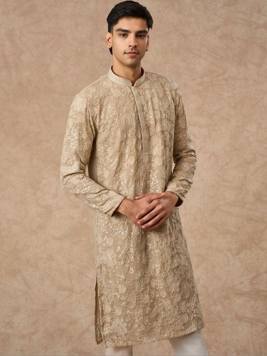 Manyavar Men Floral Embroidered Regular Thread Work Kurta with Pyjamas-picture-26