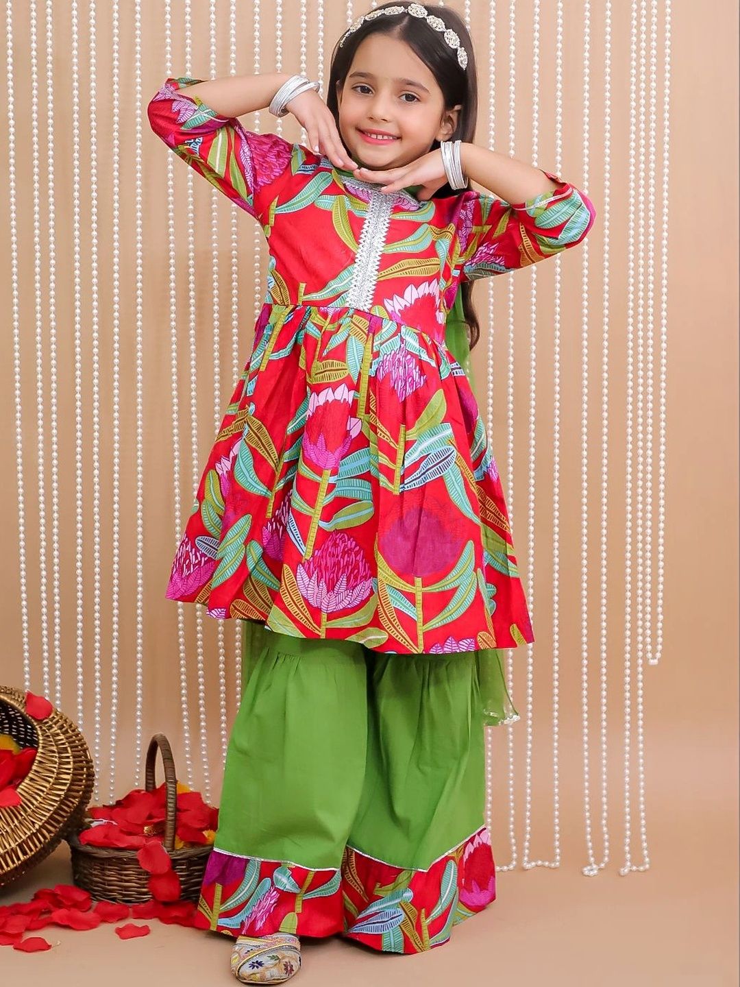 KID1 Girls Floral Printed Empire Pure Cotton Kurta with Sharara & With Dupatta-picture-45