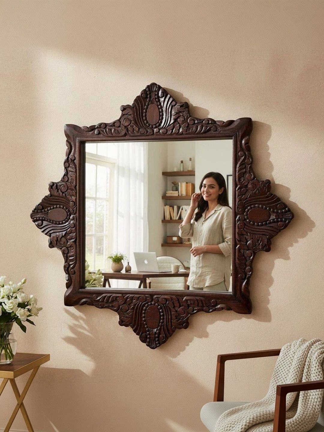 PREET GALLERY Brown Wooden Dressing Room Makeup Wall Mirror-picture-47