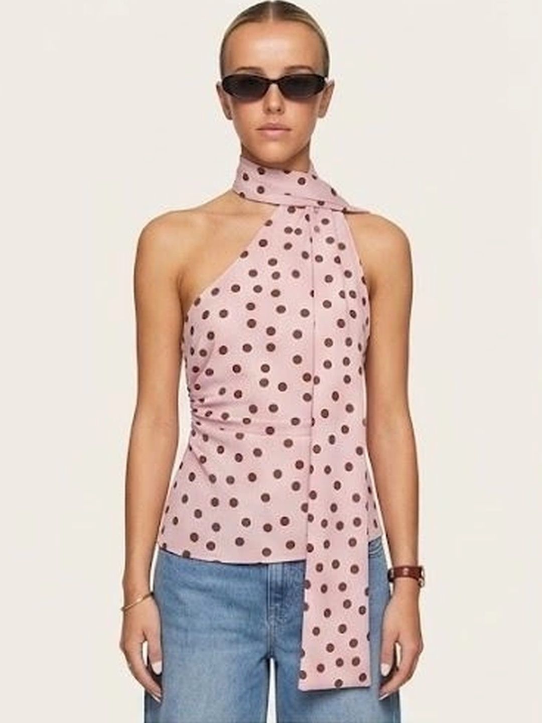 HOMODA Polka Dot Print One Shoulder Cotton Top-picture-44