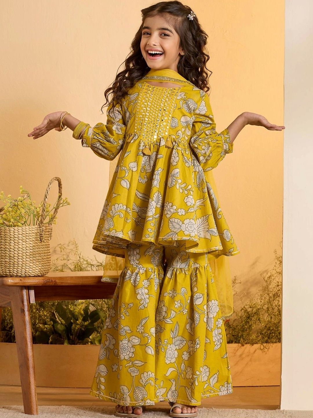 Biba Girls Floral Printed Empire Mirror Work Pure Cotton Kurti with Sharara & With Dupatta-picture-18