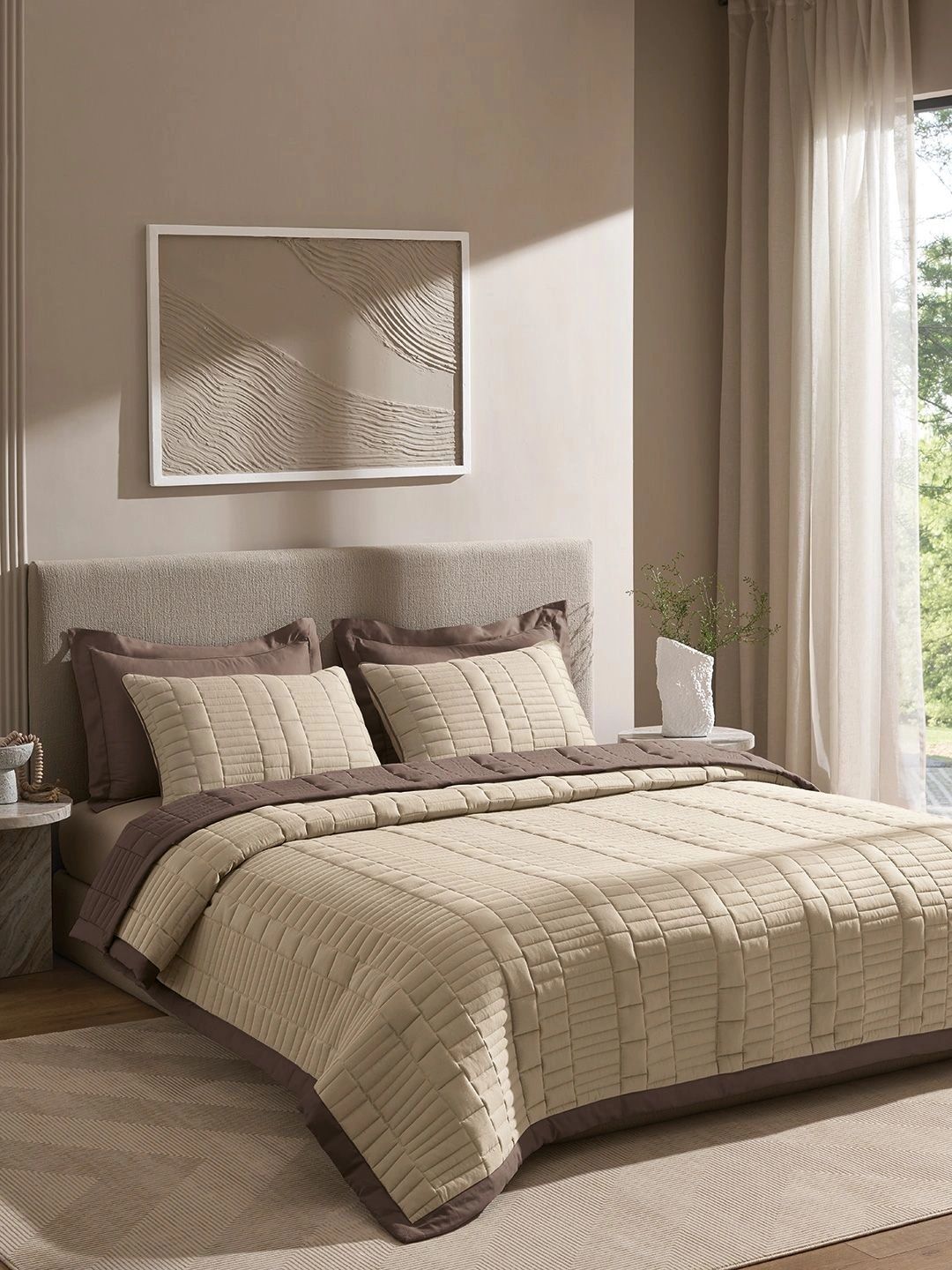SANSAAR A DDECOR BRAND LIVE CONSCIOUSLY Beige & Brown Striped Cotton 3 Piece Double Extra Large Superfine Bedding Set-image-47