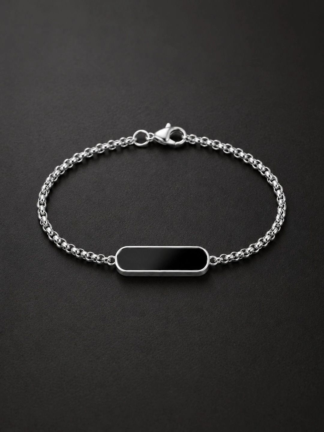 TRESNA Unisex Onyx Enamelled Silver-Plated Link Bracelet-image-4