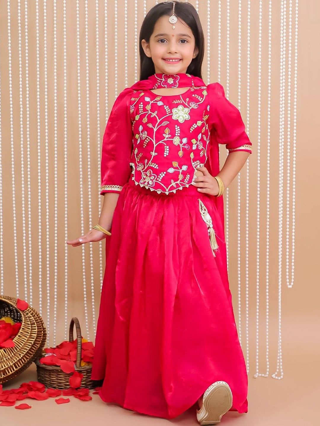 KID1 Girls Floral Embroidered Regular Thread Work Kurta with Skirt & With Dupatta-picture-19