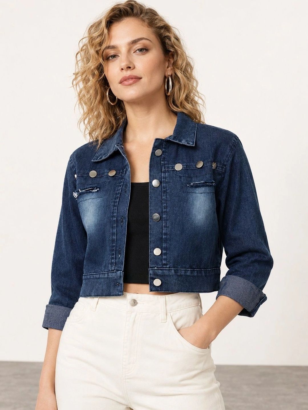 Muhuratam Women Washed Crop Denim Jacket-image-25