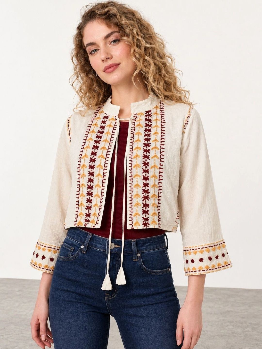 Muhuratam Women Crop Open Front Jacket with Embroidered-image-33