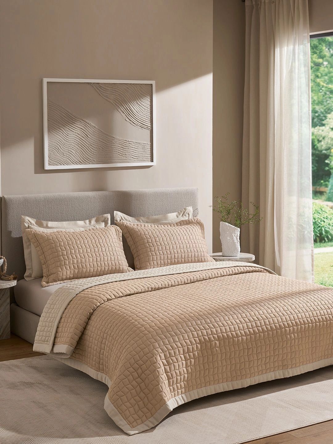SANSAAR A DDECOR BRAND LIVE CONSCIOUSLY Beige & Cream-Coloured Geometric Cotton 3 Piece Double Extra Large Bedding Set-picture-36