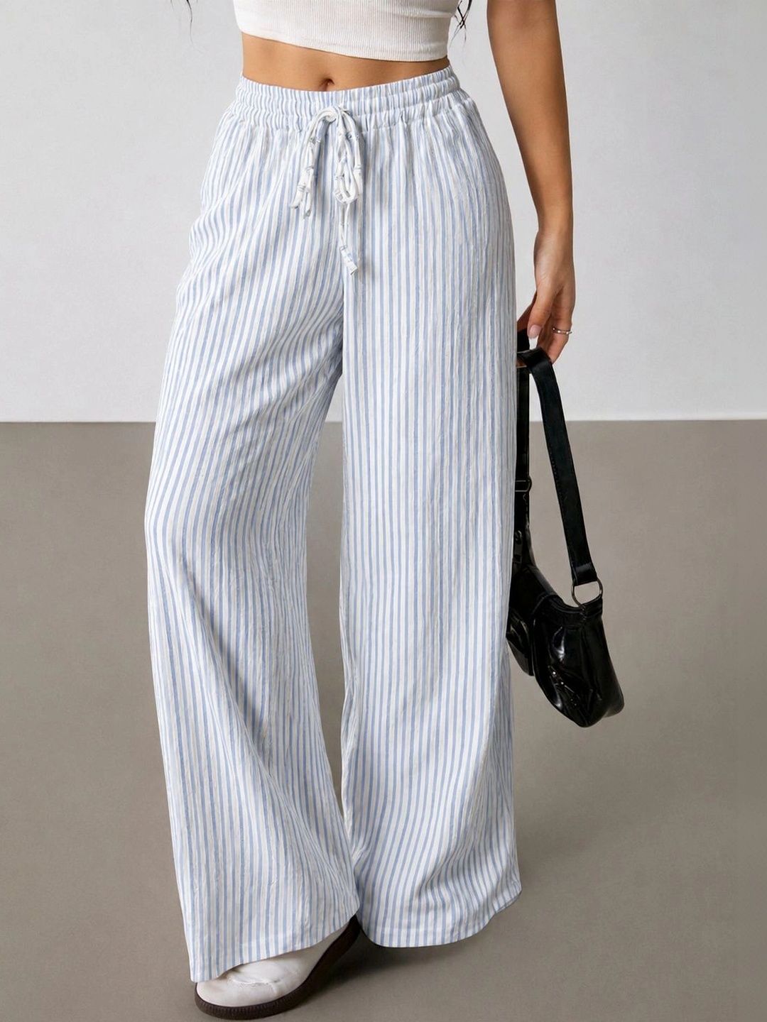 SAKHWALA Women Striped Relaxed Straight Leg Loose Fit High-Rise Wrinkle Free Trousers-image-41