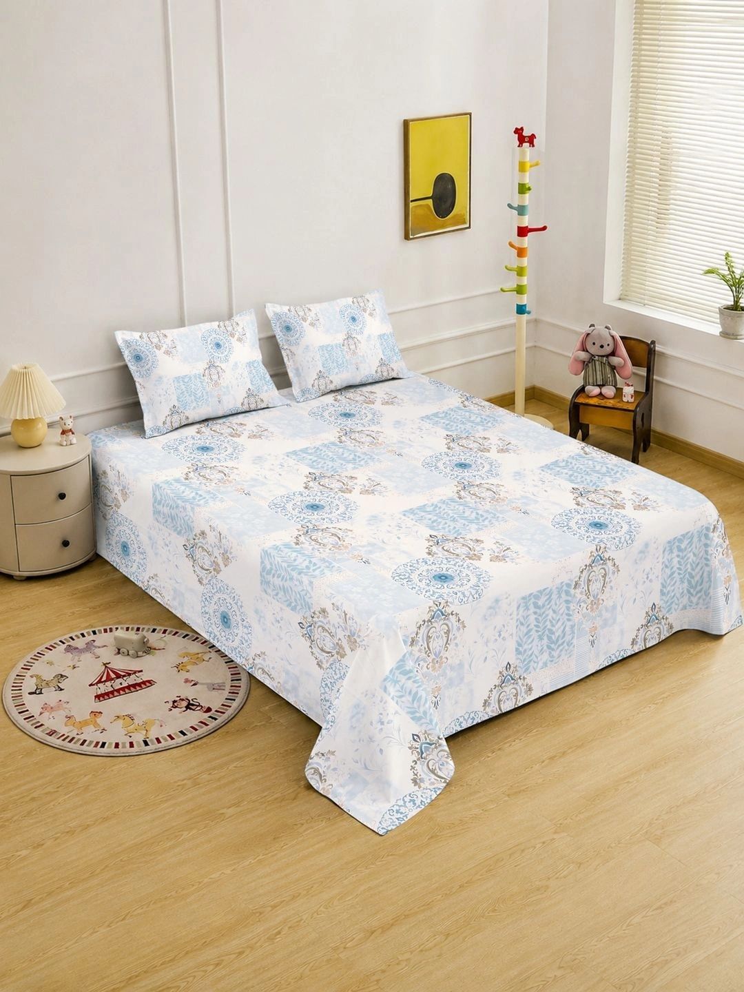 Myntra Elegant Homes Blue Geometric 400 TC King Bedsheet with 2 Pillow Covers-image-11