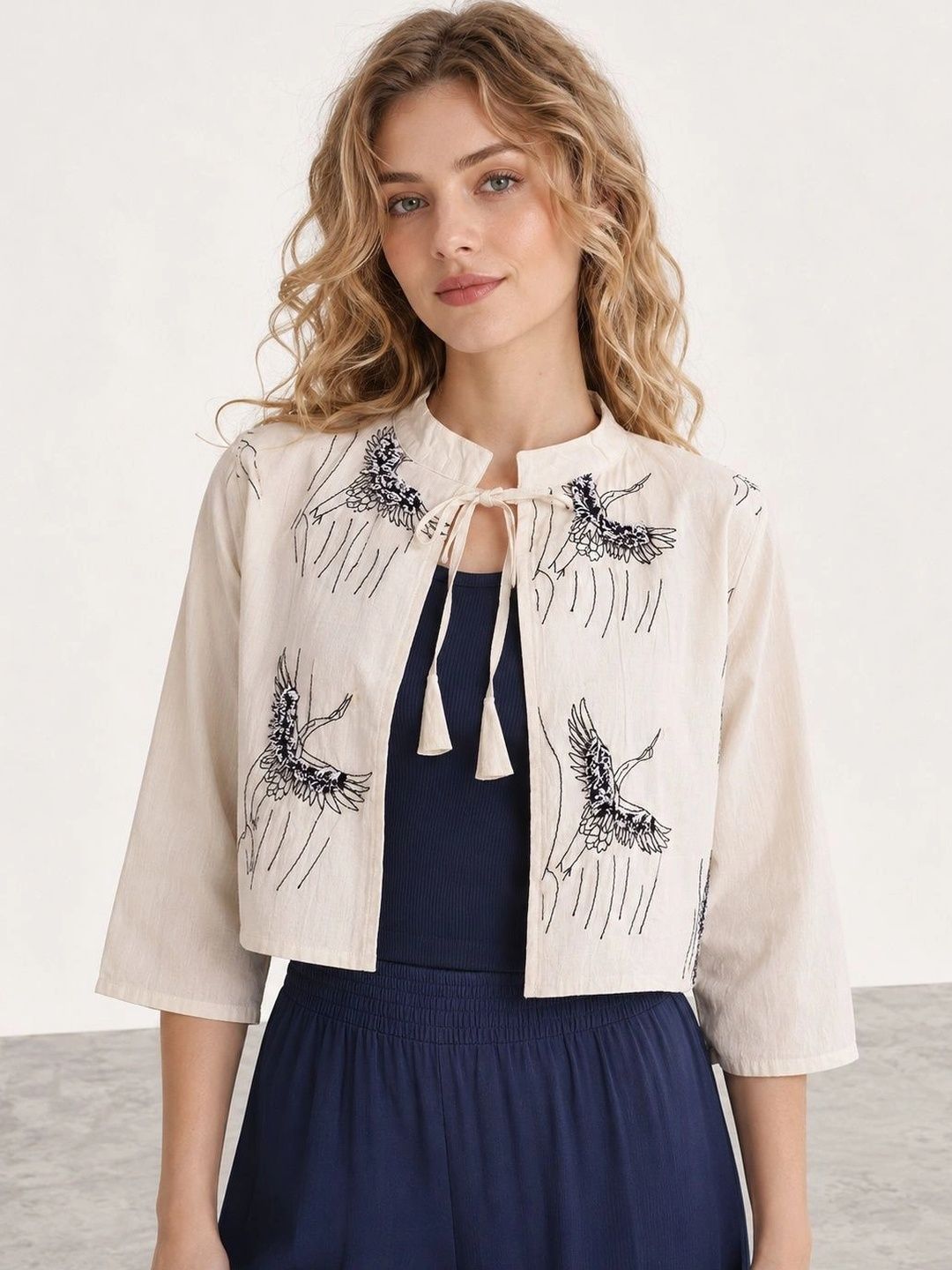 Muhuratam Women Crop Open Front Jacket with Embroidered-image-35