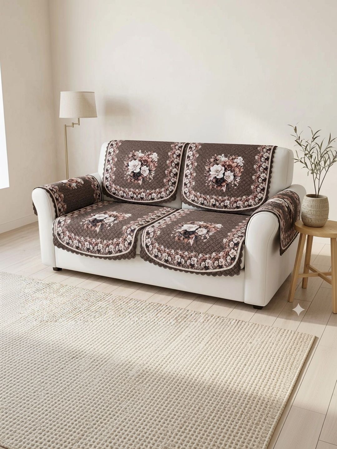 KANUM Coffee Brown Printed Viscose Rayon Blend Sofa Cover With Arms-image-39