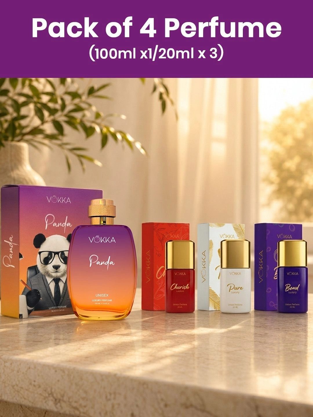 VOKKA Set Of 4 Panda, Cherish, Bond & Pure Eau De Perfume - 100 & 20 ml Each-picture-6