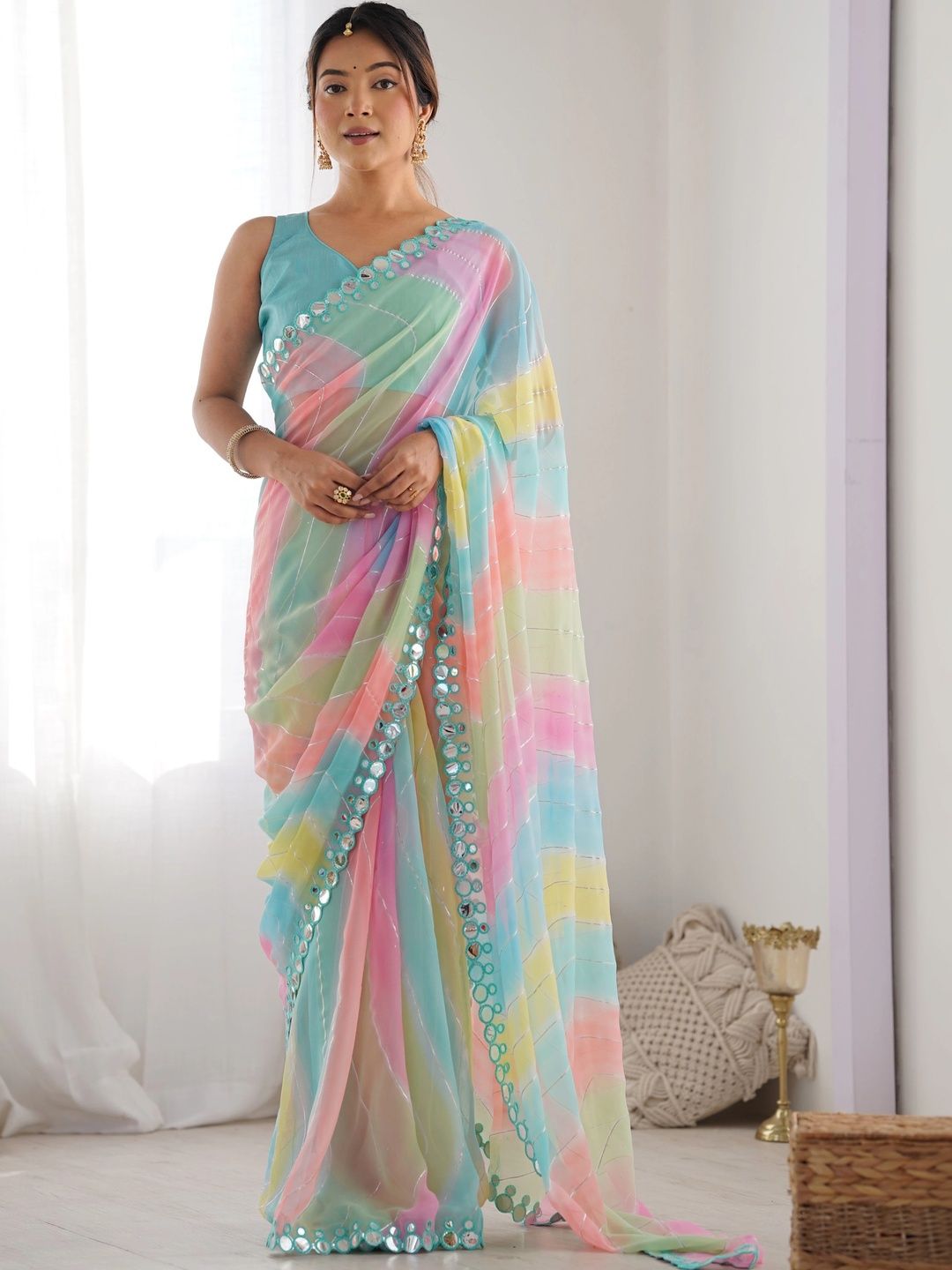 Sangria Tie and Dye Mirror Work Poly Georgette Bagh Saree-picture-20