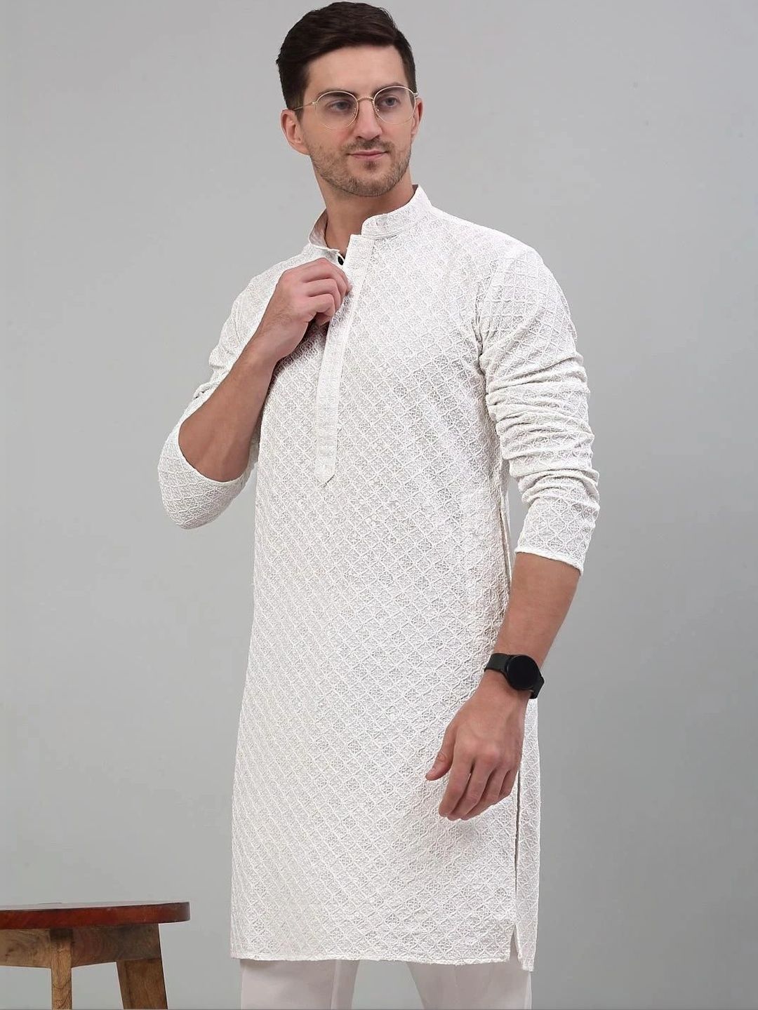 Moda Rapido Men Geometric Mandarin Collar Chikankari Handloom Kurta-picture-18
