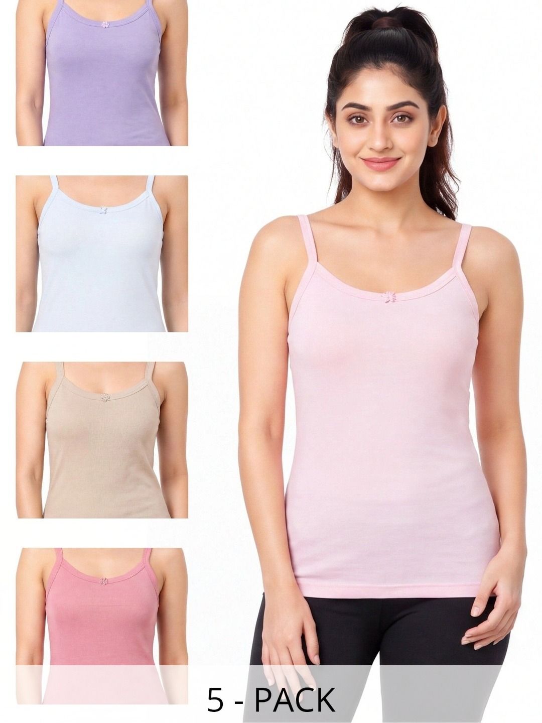 OPEX Pack Of 5 solid Cotton Non Padded Camisoles-picture-44