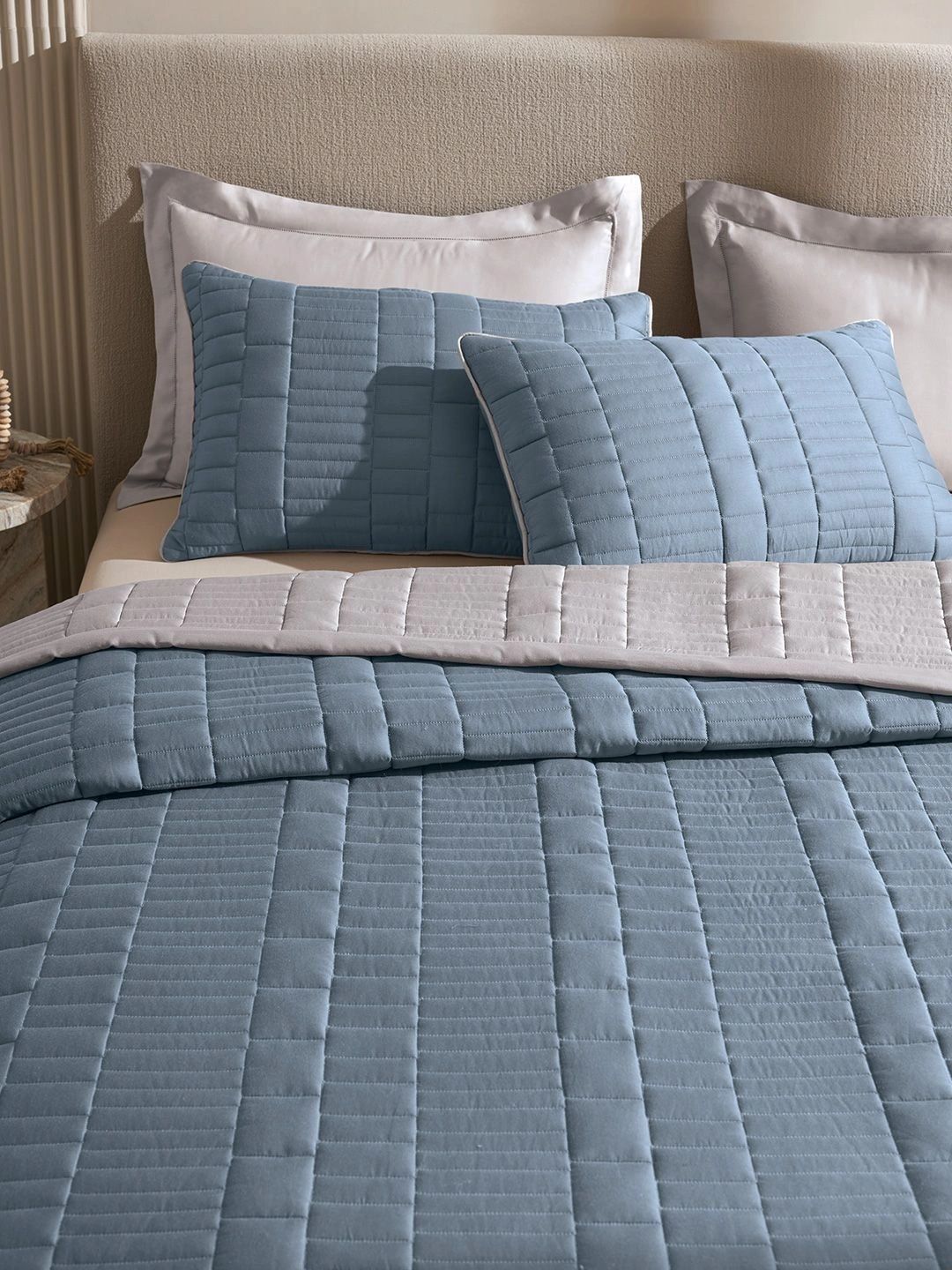 SANSAAR A DDECOR BRAND LIVE CONSCIOUSLY Blue & Grey Striped Cotton 3 Piece Double Extra Large Superfine Bedding Set-picture-10