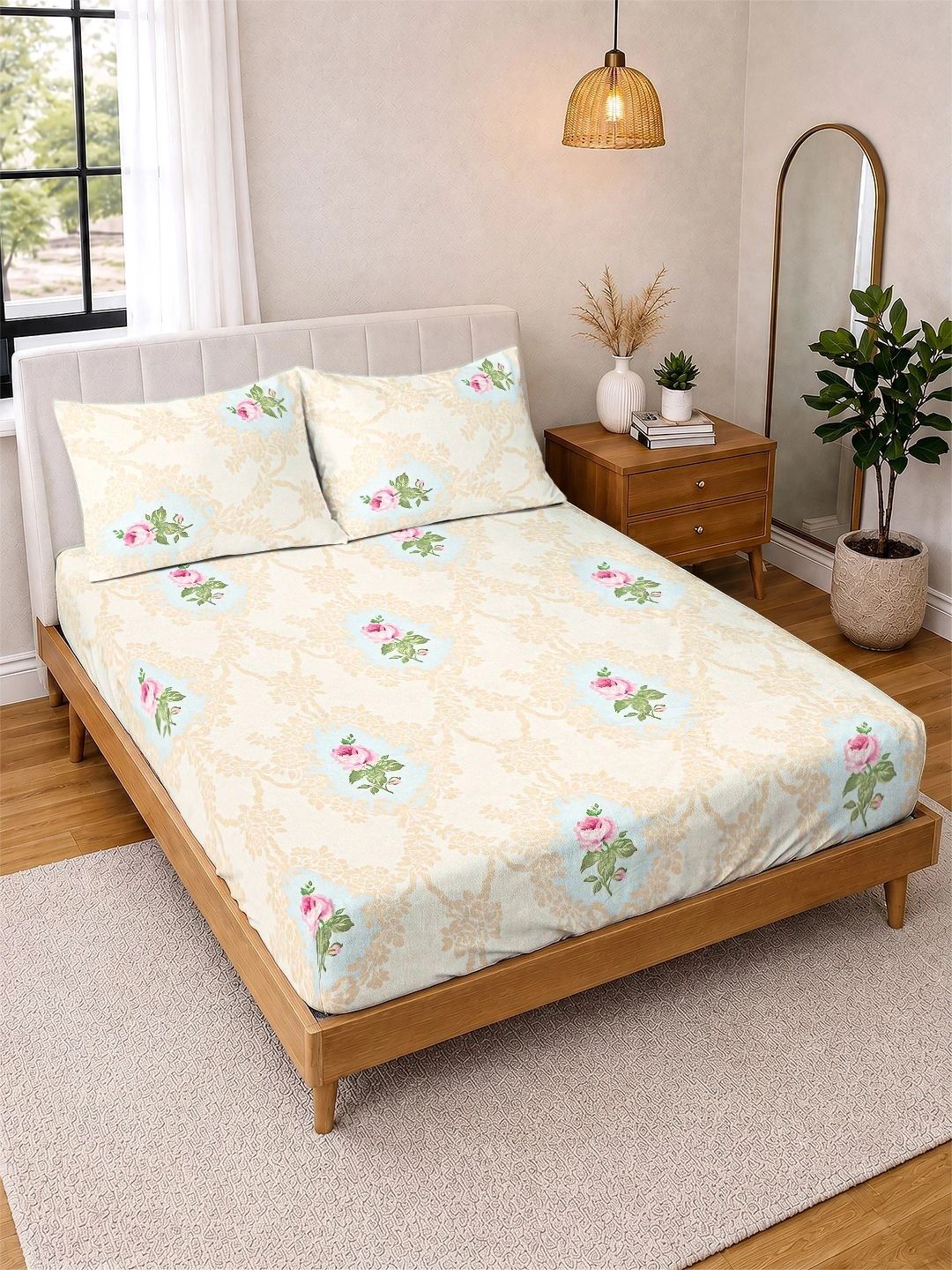 KLOTTHE Cream-Coloured & Pink Floral 300 TC King Bedsheet with 2 Pillow Covers-image-24