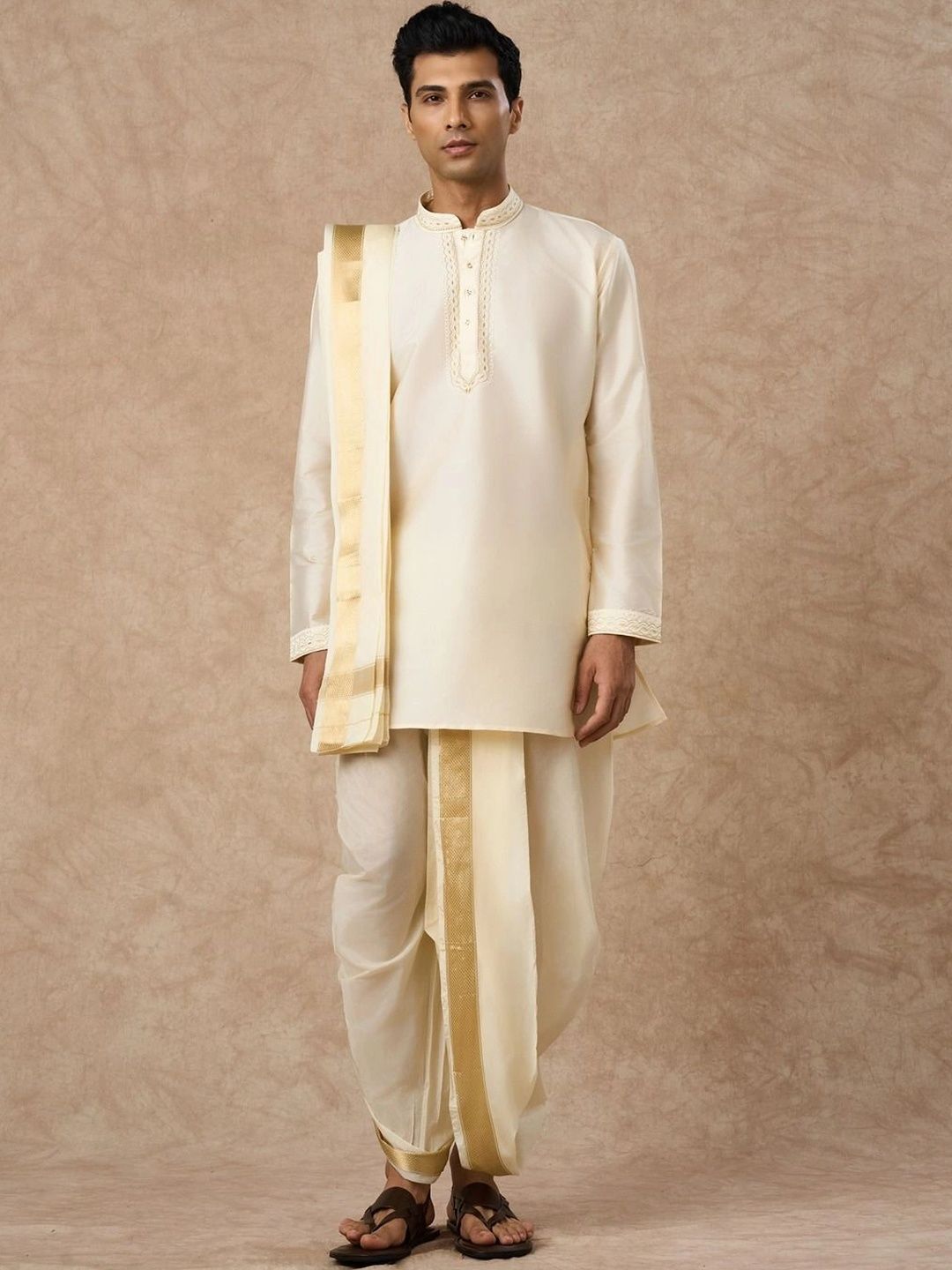 Manyavar Men Ethnic Motifs Embroidered Regular Thread Work Kurta with Dhoti Pants & With Dupatta-picture-40