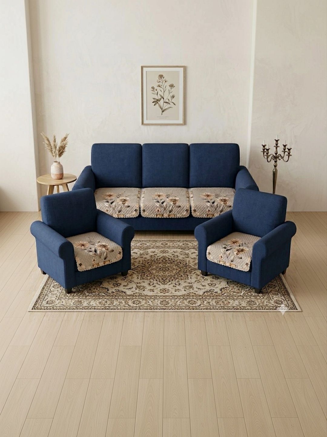 KANUM Cream-Coloured Printed Viscose Rayon Blend 5 Piece Sofa Cover Without Arms-picture-39
