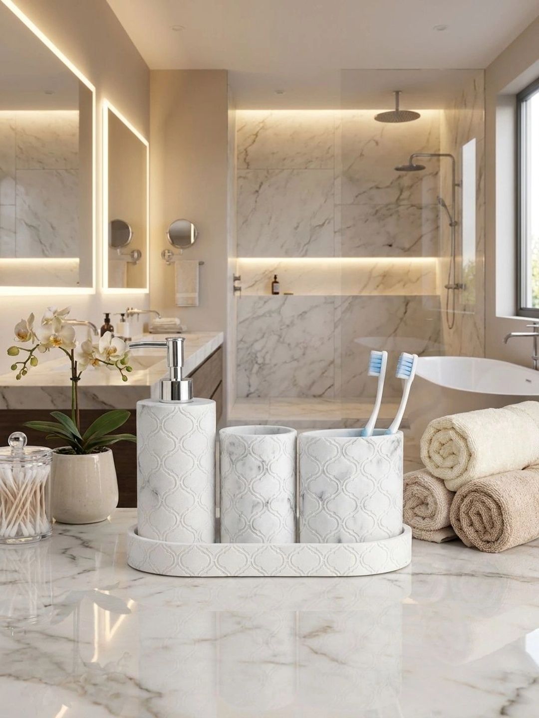 Pano White 4 piece Geometric Polyresin Bath Accessories Set-picture-43