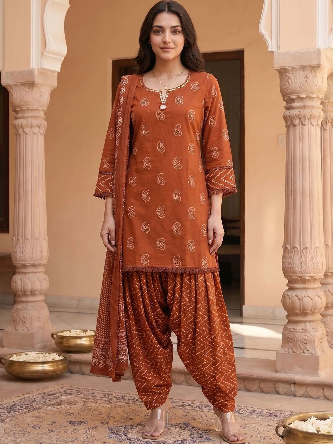 Woomn Women Paisley Printed Regular Mirror Work Pure Cotton Kurta with Patiala & With Dupatta-picture-1