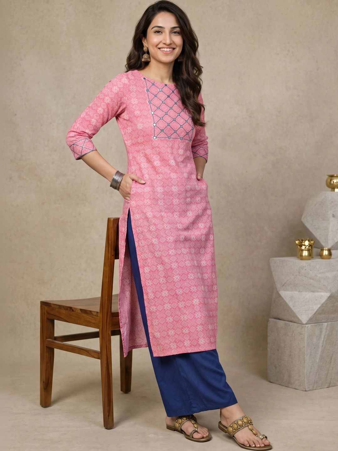 Azira Women Ethnic Motifs Printed Mirror Work Kurta-picture-11