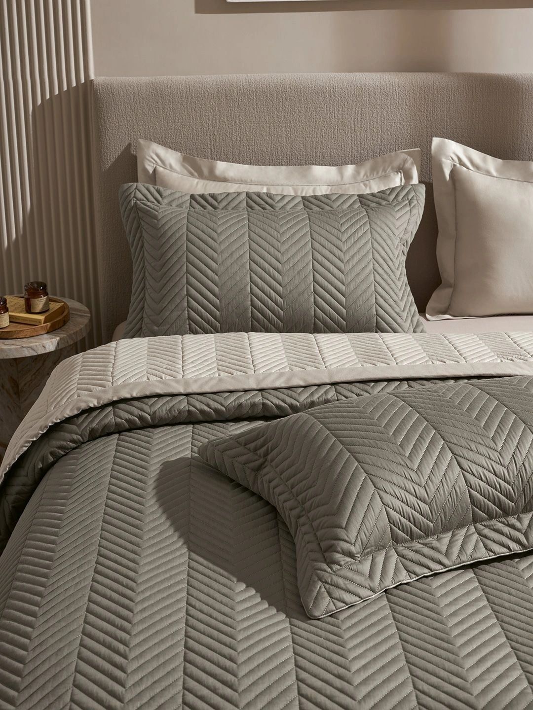 SANSAAR A DDECOR BRAND LIVE CONSCIOUSLY Grey & Beige Geometric Cotton 3 Piece Double Extra Large Superfine Bedding Set-picture-29