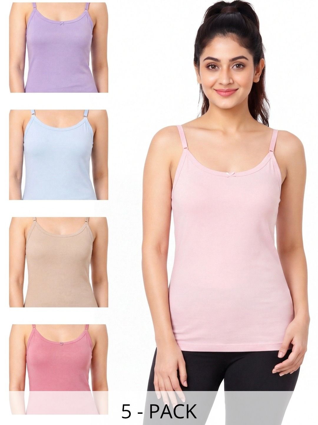 OPEX Pack Of 5 solid Cotton Non Padded Camisoles-picture-36