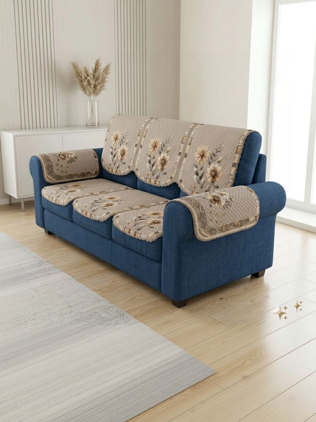 KANUM Cream-Coloured Embroidered Viscose Rayon Blend Sofa Cover With Arms-picture-38