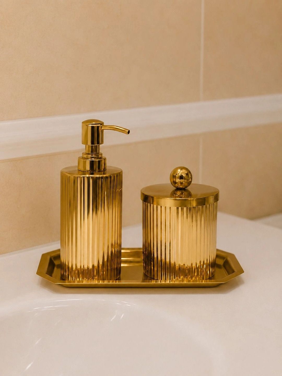 GRD INTERNATIONAL Gold-Toned 3 piece Textured Stainless Steel Bath Accessories Set-picture-55